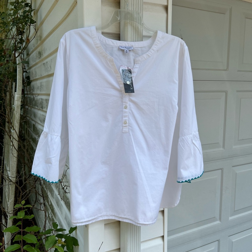 NWT Kim Rogers Pretty White Teal Embroidery Sleeve Hem 100% Cotton Blouse
